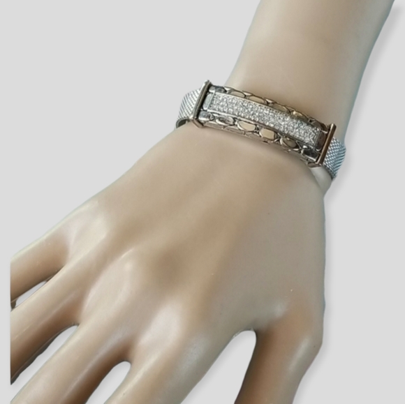 Vintage Buckle Bracelet Metal Mesh Pave Rhinestones Adjustable Band - Picture 4 of 16